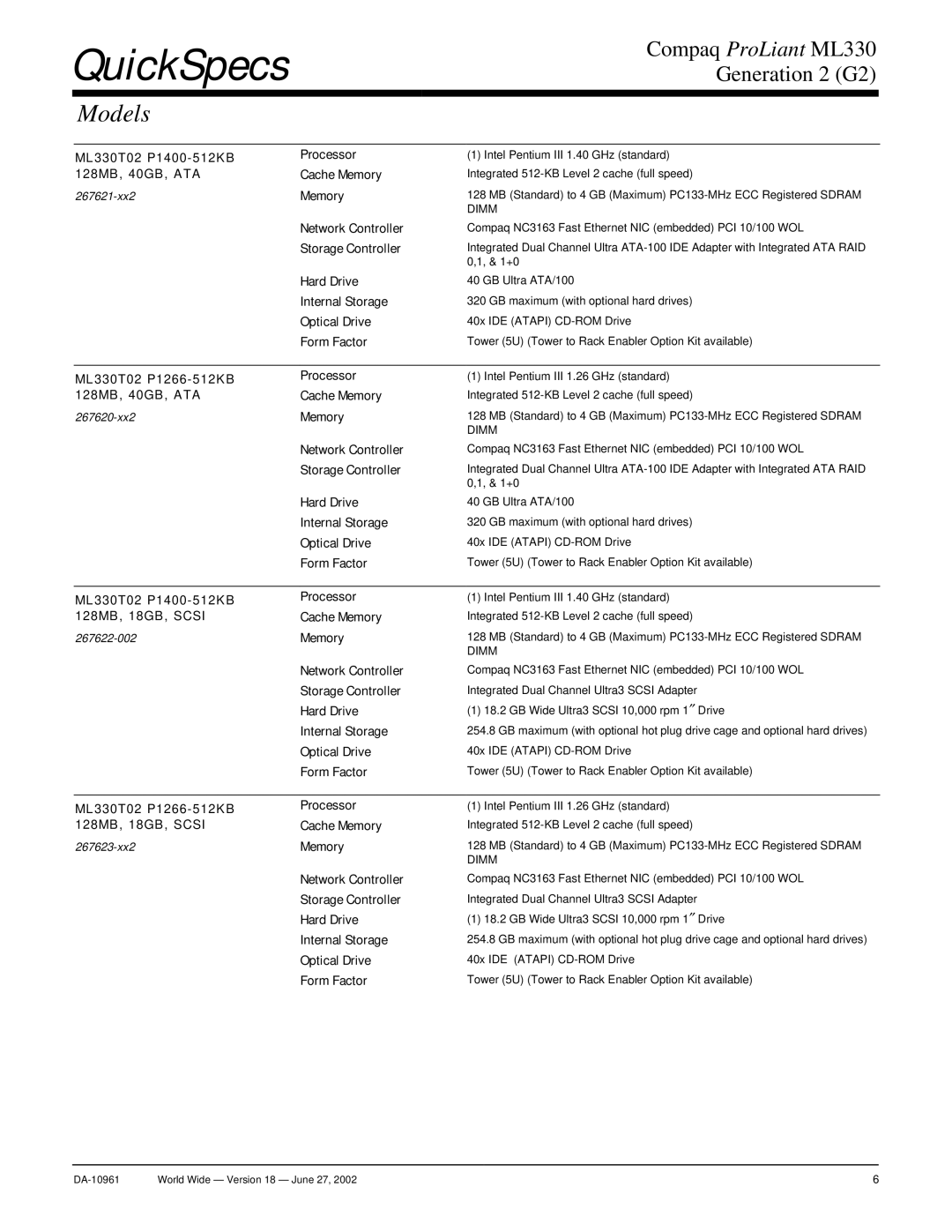 Compaq SCSI warranty Models 