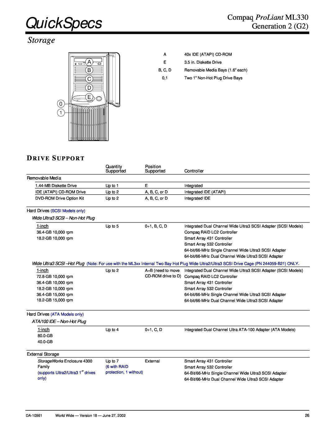 Compaq warranty Storage, Drive Support, Wide Ultra3 SCSI - Non-Hot Plug, ATA/100 IDE - Non-Hot Plug, QuickSpecs 