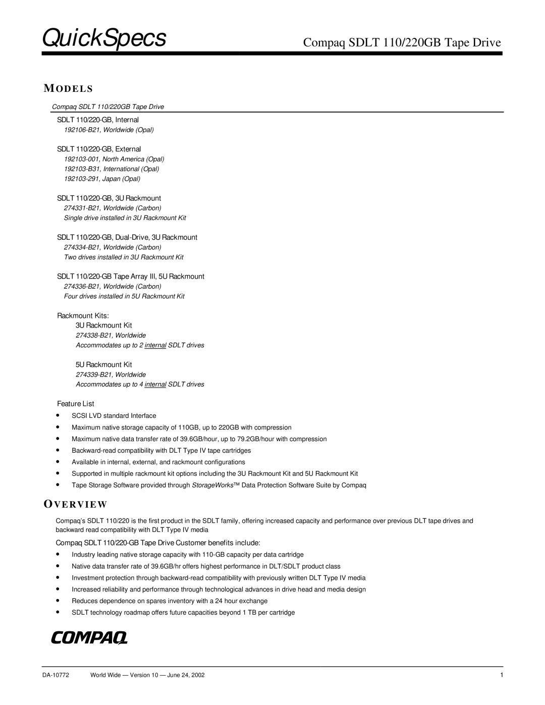 Compaq SDLT 220GB, SDLT 110 manual Mod Els, Over View 