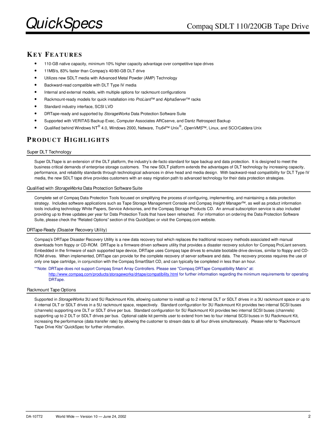Compaq SDLT 110, SDLT 220GB manual KEY Features, Product Highlights, Super DLT Technology, Rackmount Tape Options 