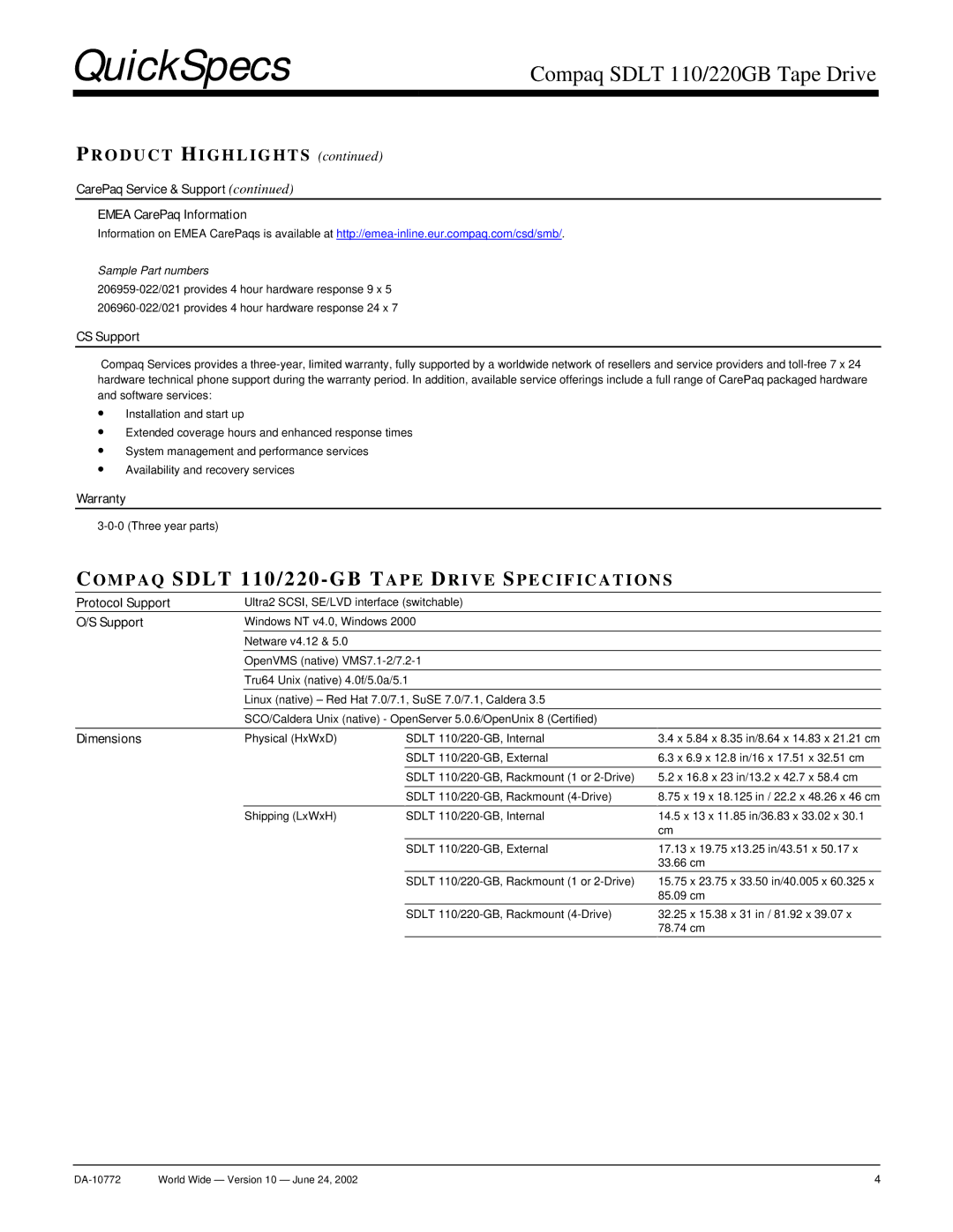 Compaq SDLT 110, SDLT 220GB manual Compaq Sdlt 110/220-GB Tape Drive Specifications 