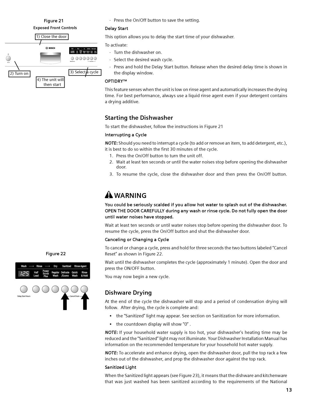 Compaq SHE55C manual Starting the Dishwasher, Dishware Drying 