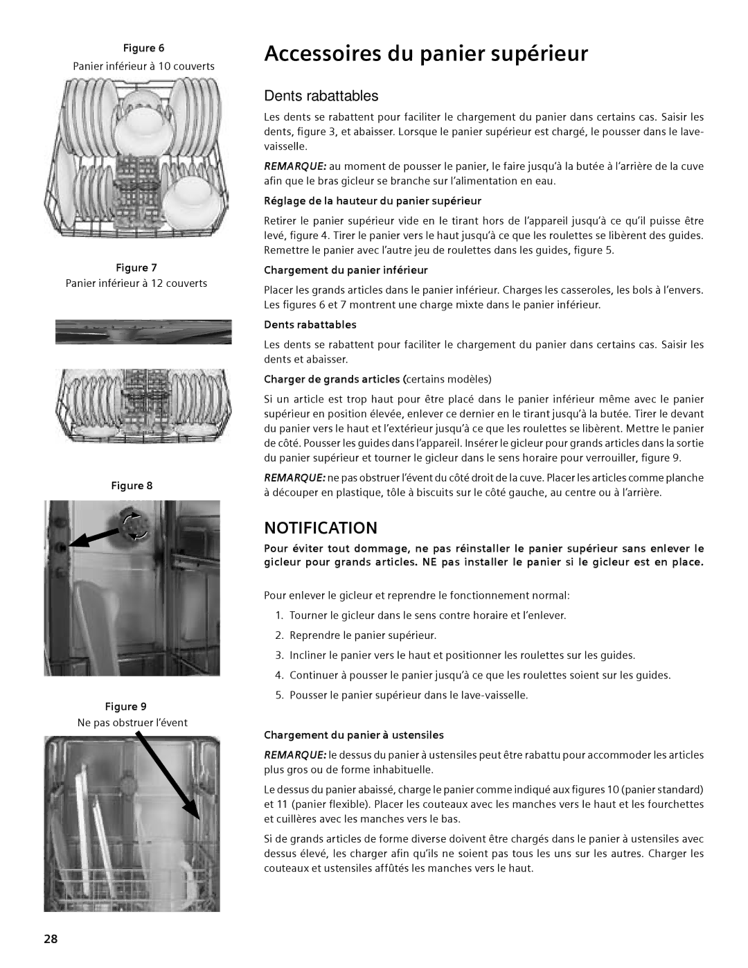 Compaq SHE55C manual Accessoires du panier supérieur, Dents rabattables 