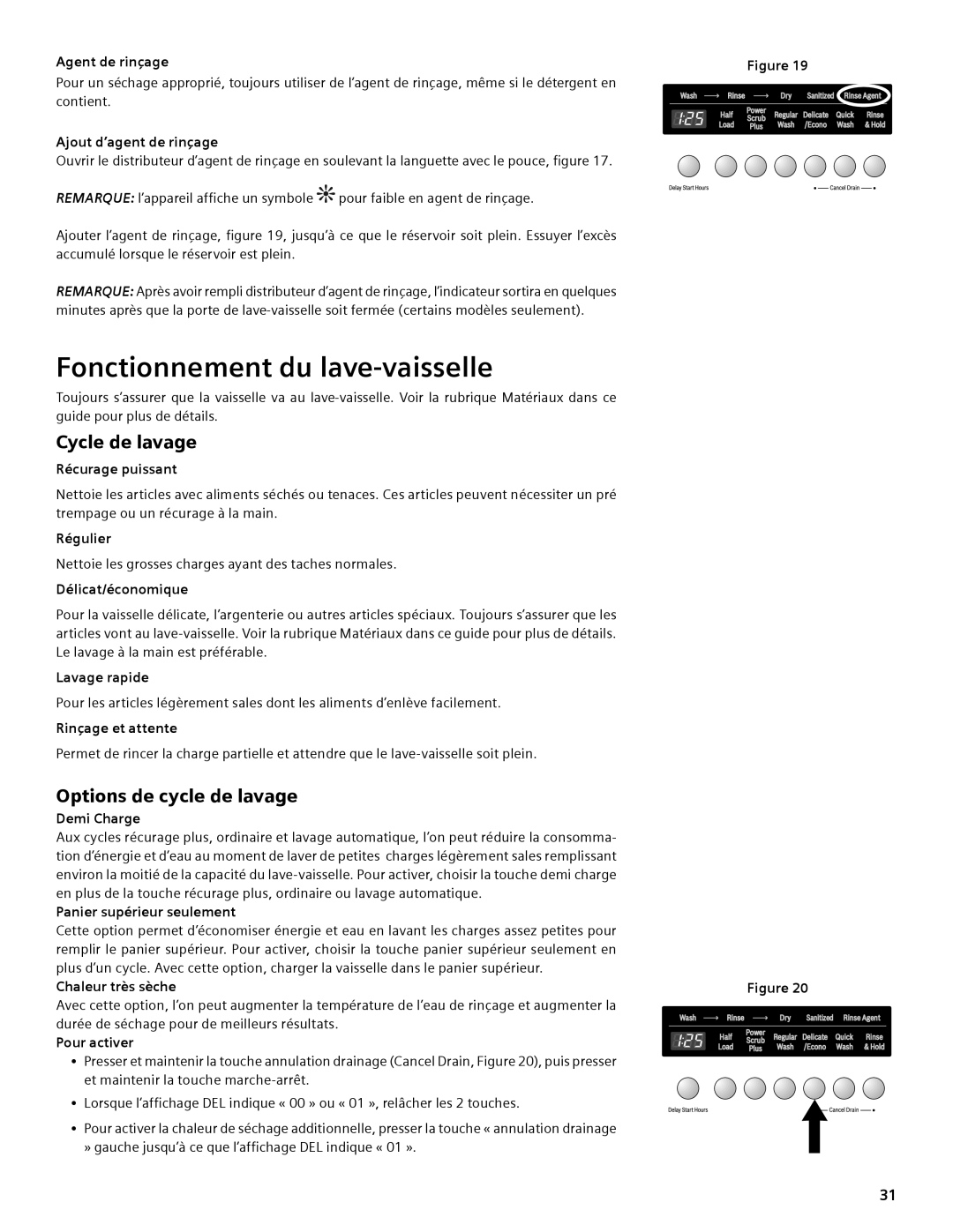 Compaq SHE55C manual Fonctionnement du lave-vaisselle, Cycle de lavage, Options de cycle de lavage 