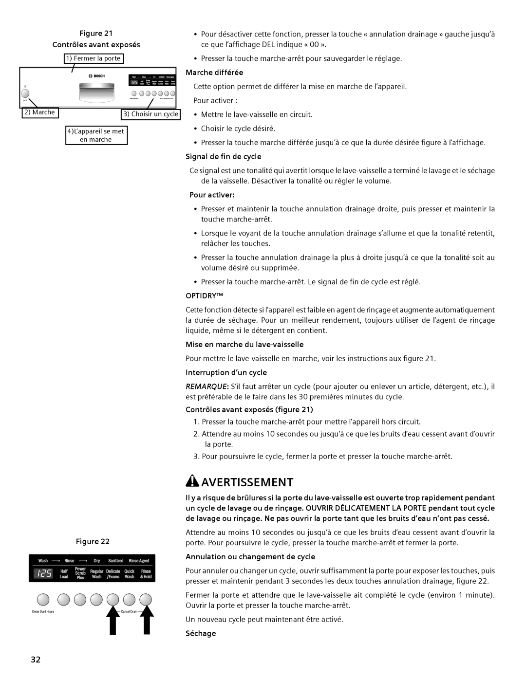 Compaq SHE55C Contrôles avant exposés, Marche différée, Signal de fin de cycle, Mise en marche du lave-vaisselle, Séchage 