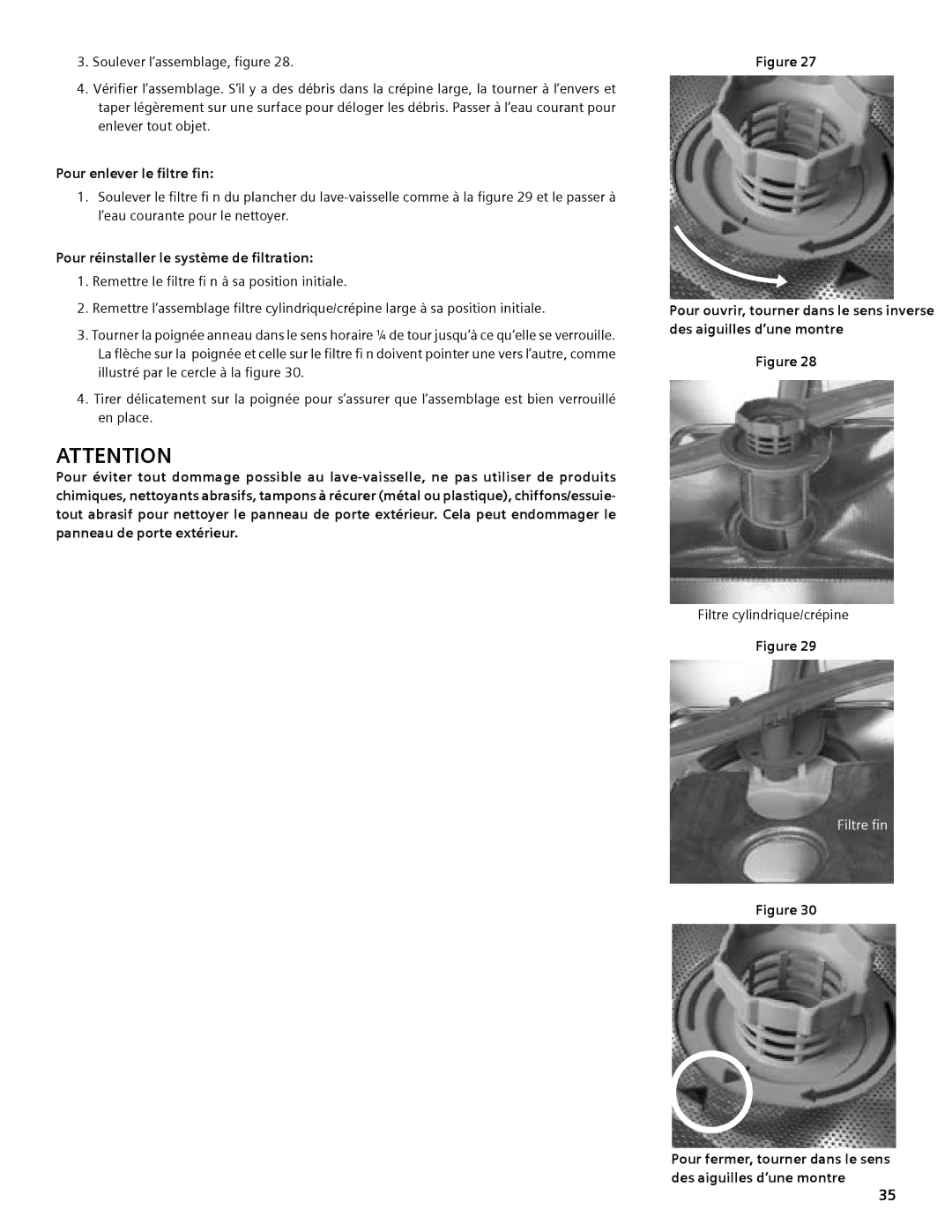 Compaq SHE55C manual Pour enlever le filtre fin, Pour réinstaller le système de filtration 