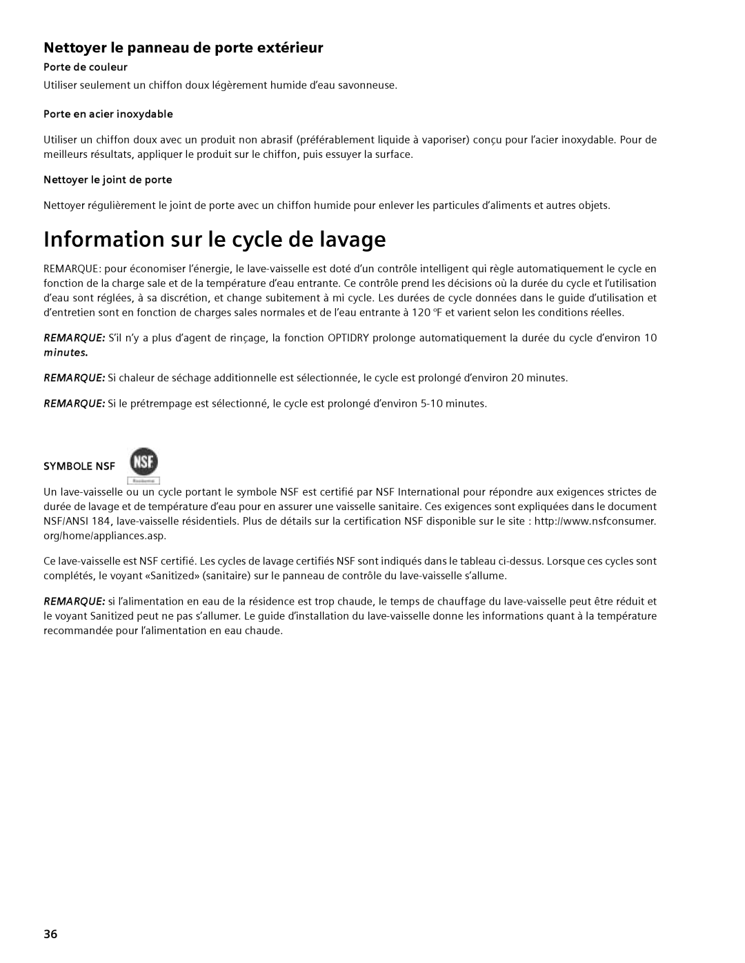 Compaq SHE55C manual Information sur le cycle de lavage, Nettoyer le panneau de porte extérieur, Porte de couleur 