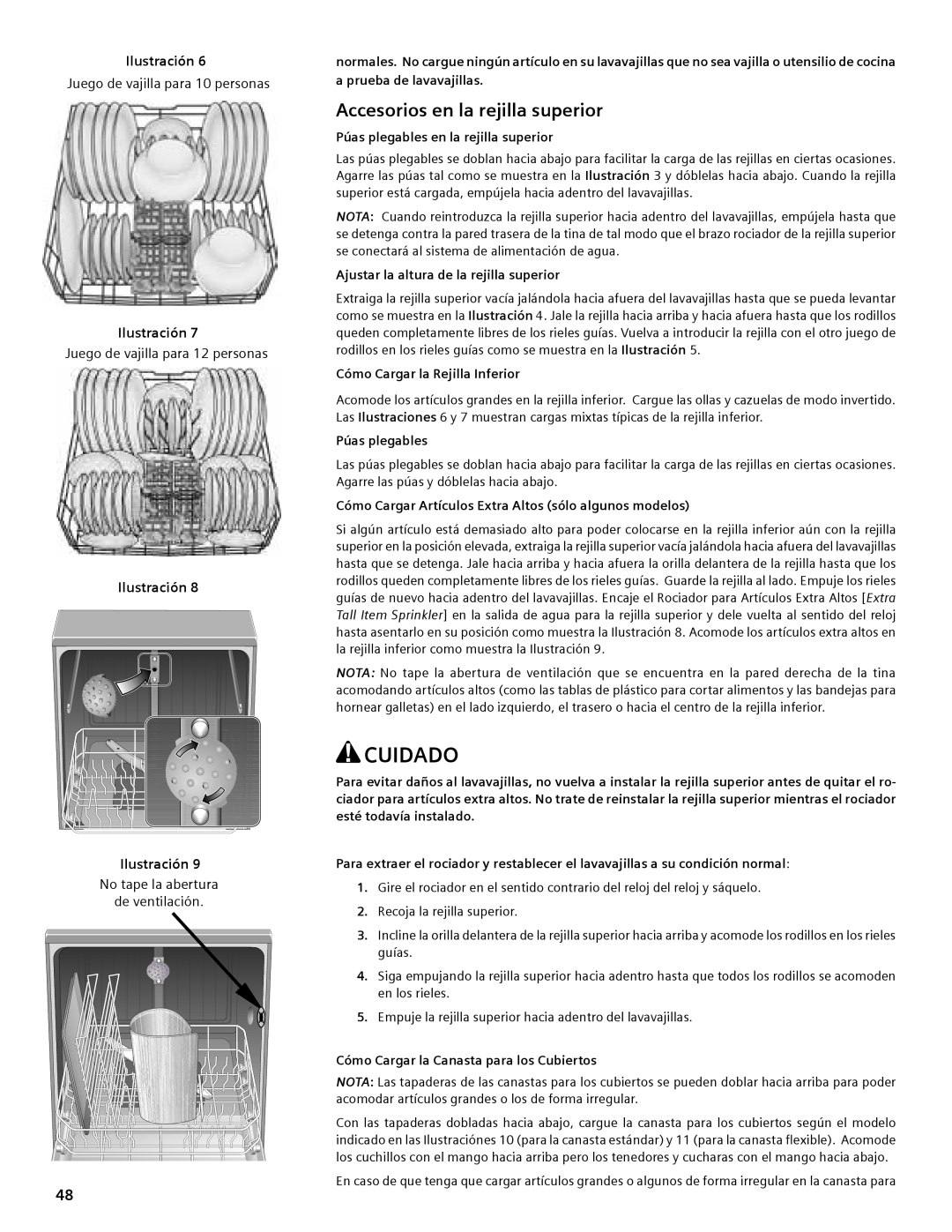 Compaq SHE55C manual Accesorios en la rejilla superior, Cuidado, Ilustración 