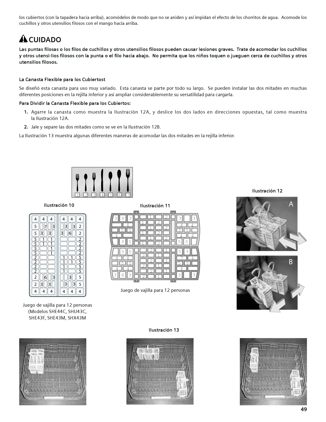 Compaq SHE55C manual La Canasta Flexible para los Cubiertost, Para Dividir la Canasta Flexible para los Cubiertos, Cuidado 