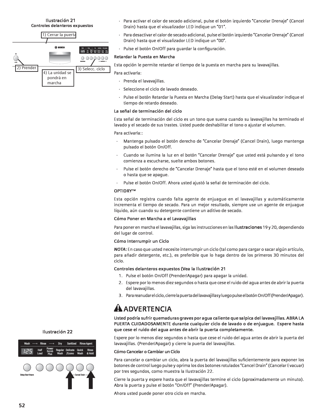 Compaq SHE55C manual Advertencia, Ilustración, Controles delanteros expuestos, Retardar la Puesta en Marcha, Optidry 