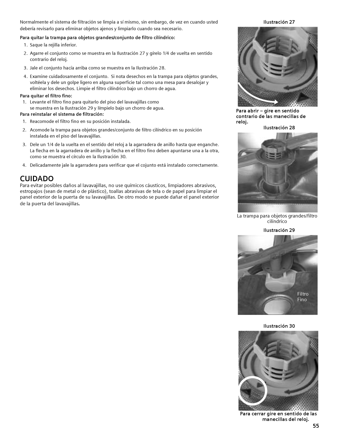 Compaq SHE55C manual Para abrir - gire en sentido contrario de las manecillas de reloj, Filtro Fino, Cuidado, Ilustración 