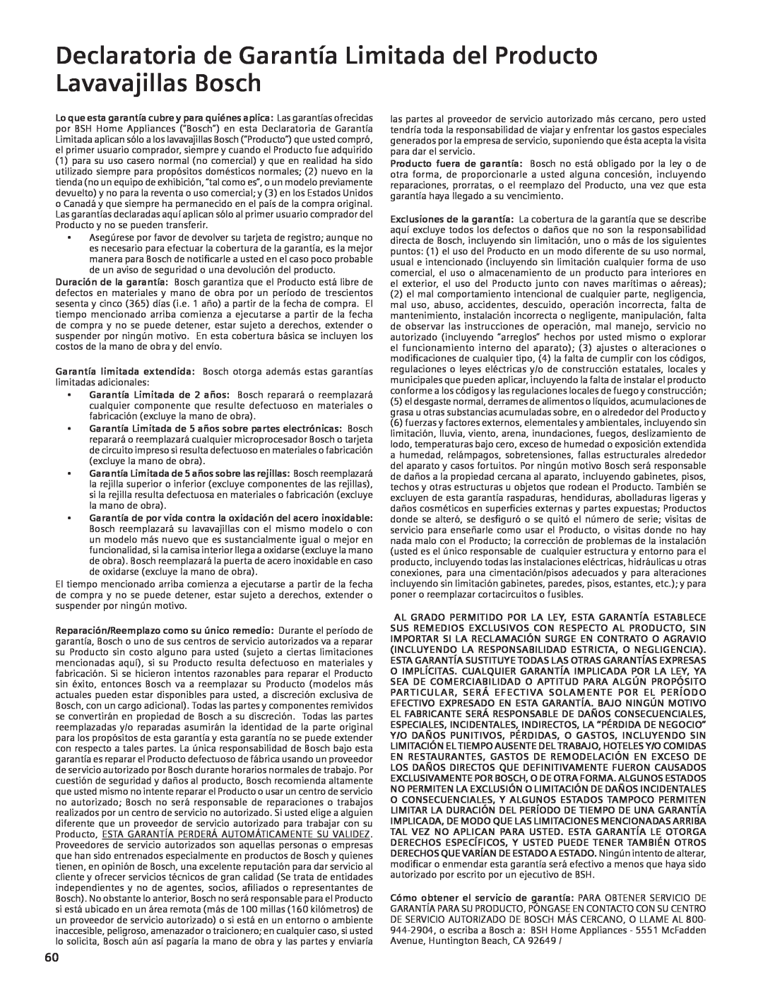 Compaq SHE55C manual Declaratoria de Garantía Limitada del Producto Lavavajillas Bosch 