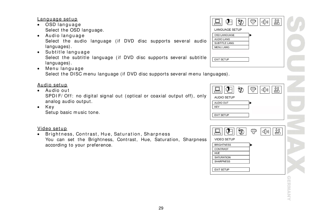 Compaq SM-CMD3006 Language setup OSD language, Audio language, Subtitle language, Menu language, Audio setup Audio out 