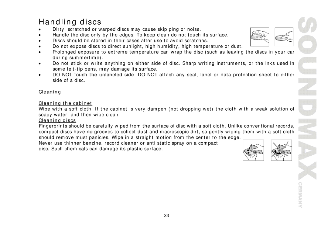 Compaq SM-CMD3006 instruction manual Handling discs, Cleaning Cleaning the cabinet, Cleaning discs 