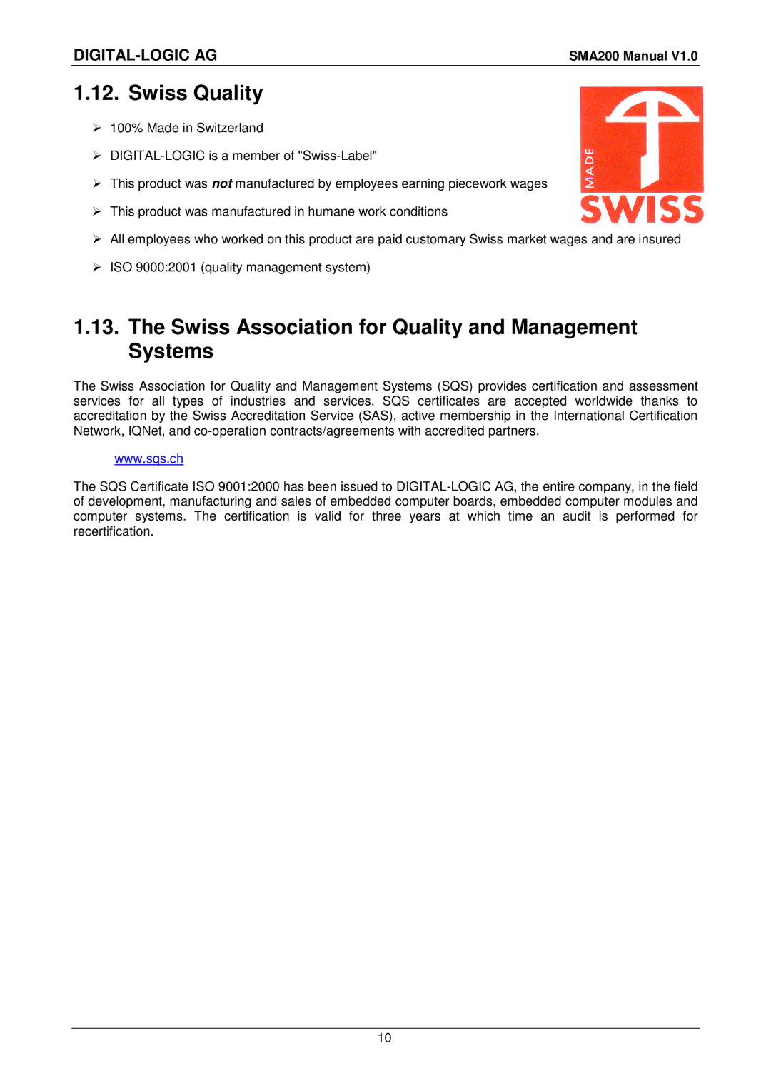 Compaq SMA200 user manual Swiss Quality, Swiss Association for Quality and Management Systems 