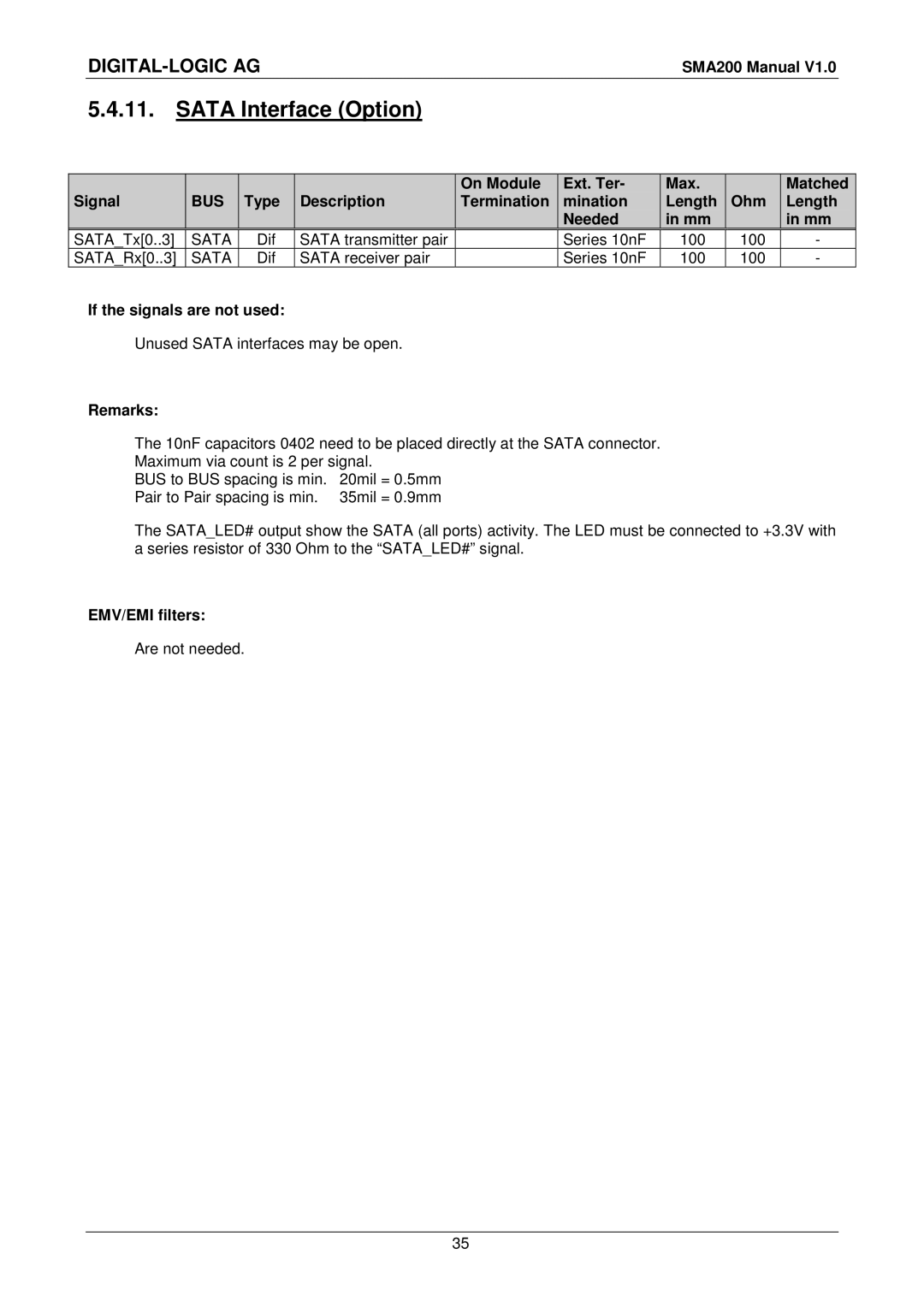 Compaq SMA200 user manual Sata Interface Option, If the signals are not used 