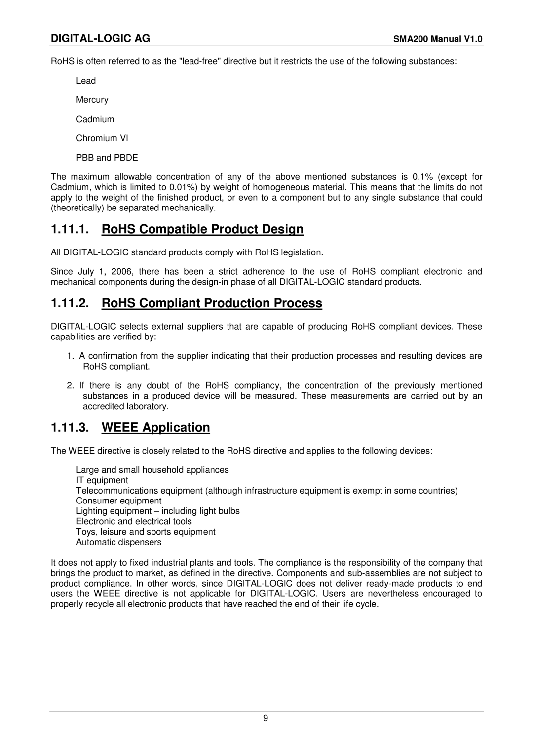 Compaq SMA200 user manual RoHS Compatible Product Design, RoHS Compliant Production Process, Weee Application 