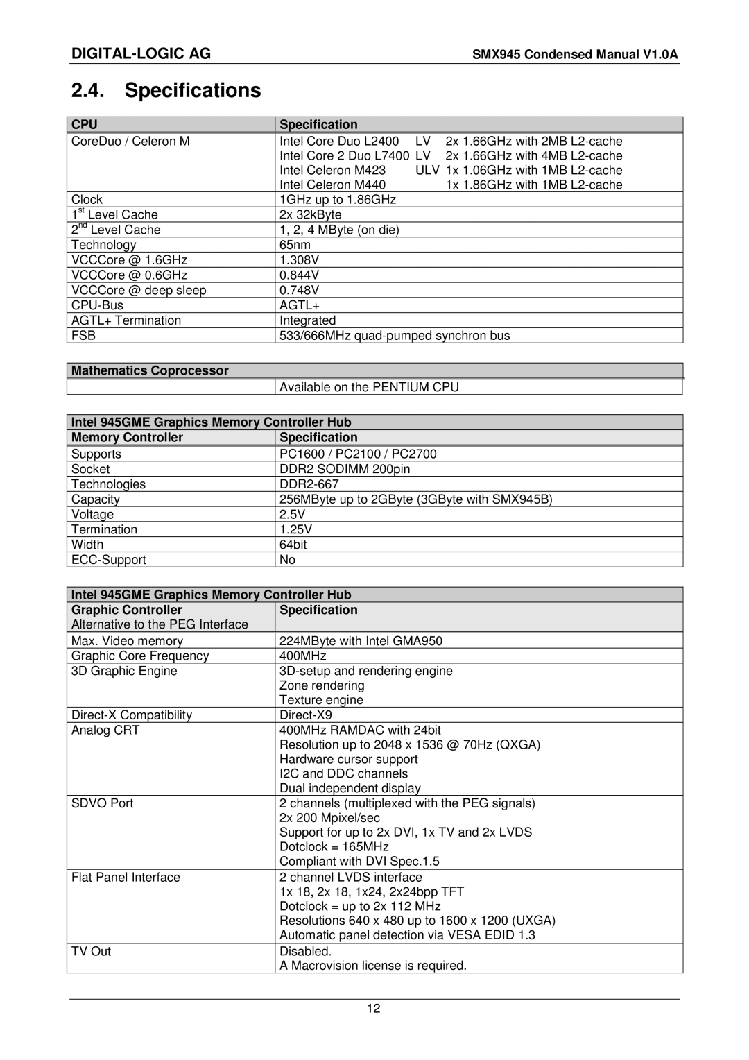 Compaq SMX945 Specifications, Mathematics Coprocessor, Intel 945GME Graphics Memory Controller Hub Specification 