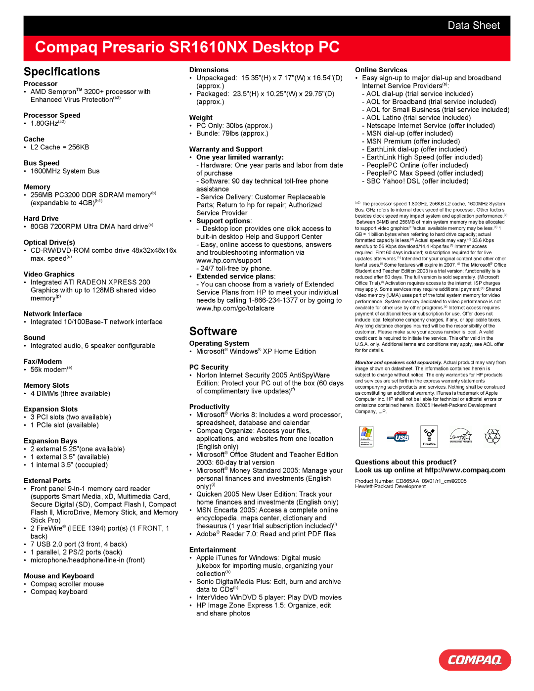 Compaq SR1610NX Dimensions Online Services Processor, Processor Speed, Weight, Cache, Warranty and Support, Memory, Sound 
