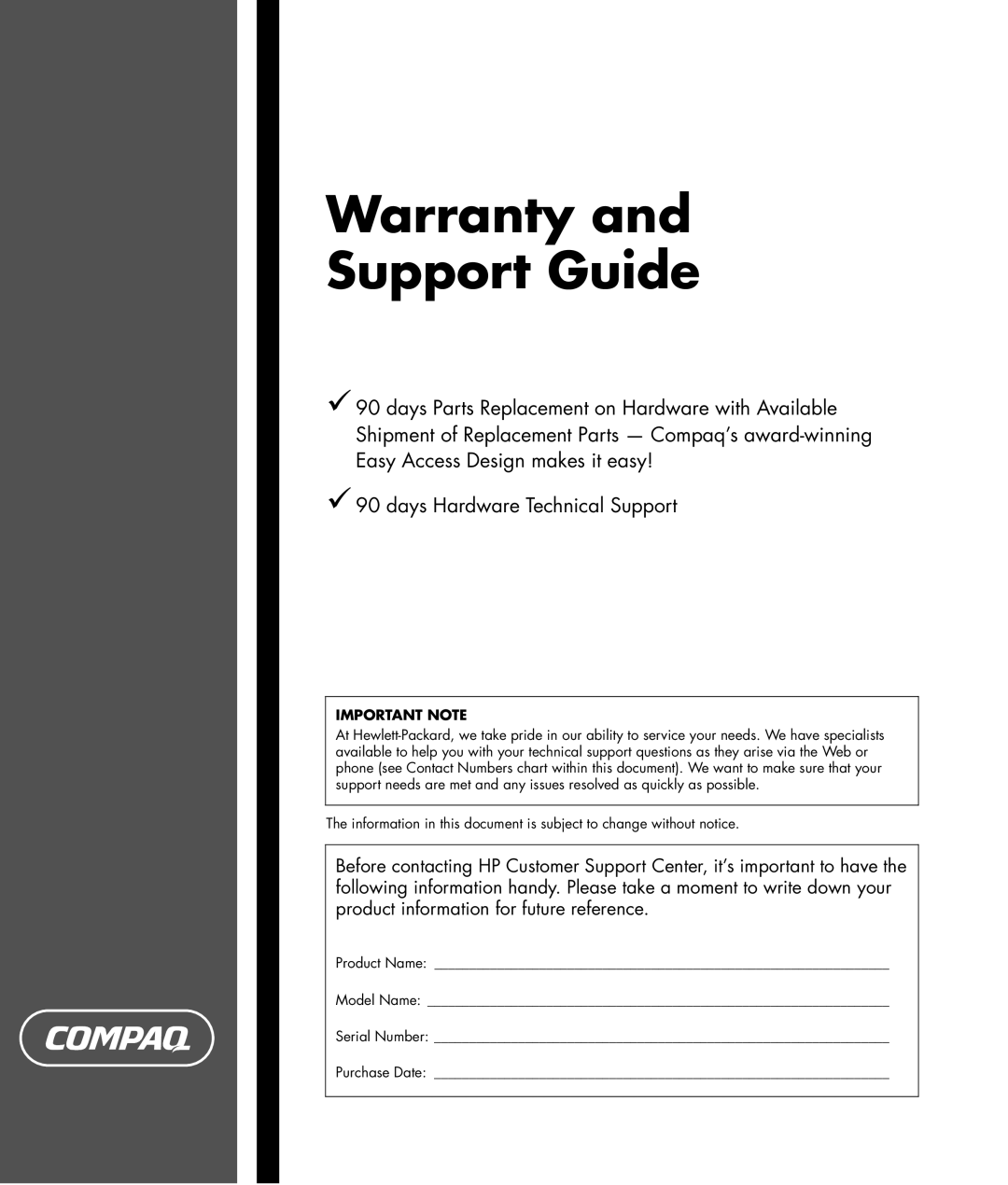 Compaq SR1677CF warranty Warranty Support Guide 