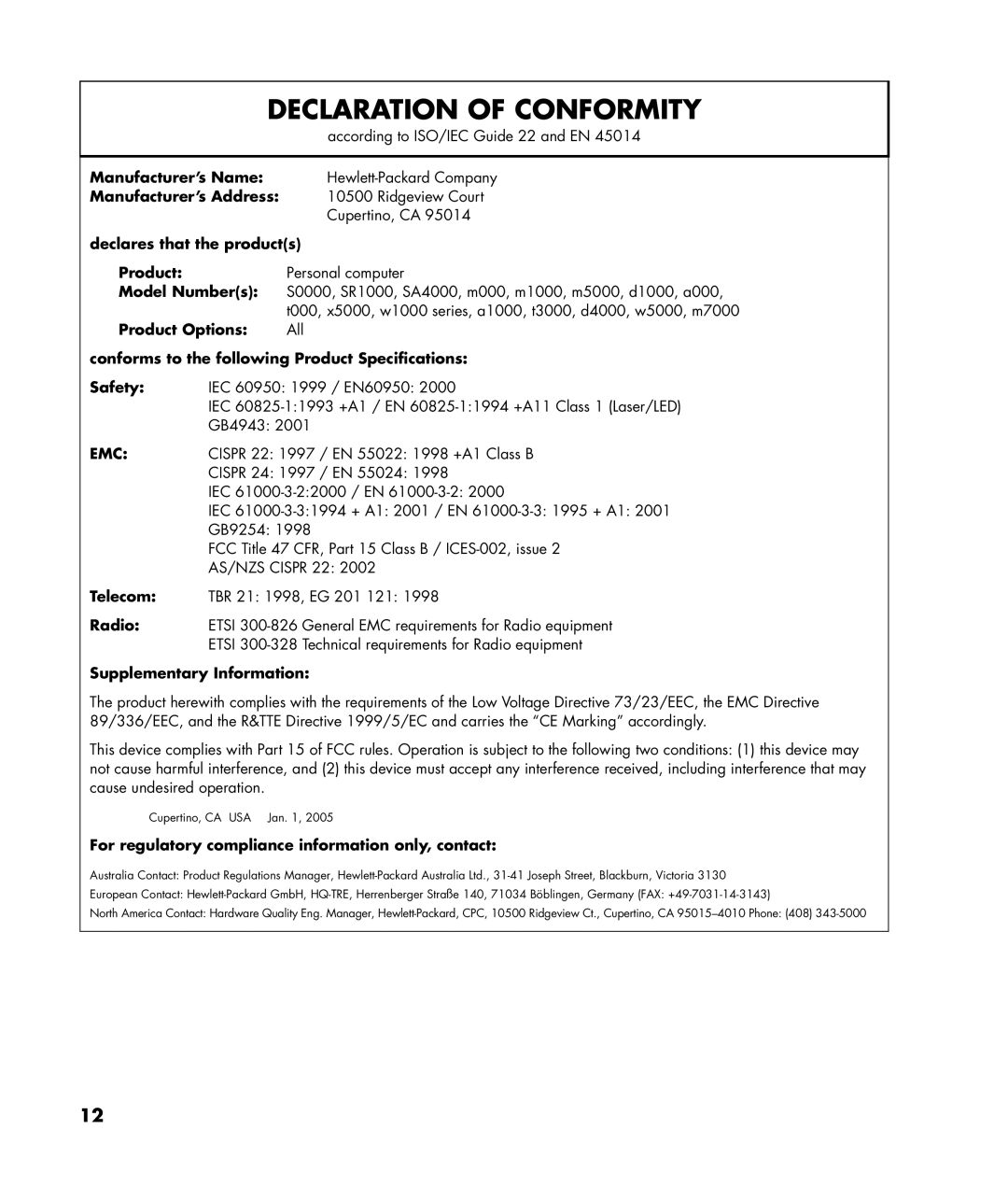 Compaq SR1677CF warranty Manufacturer’s Name, Manufacturer’s Address, Declares that the products Product, Model Numbers 