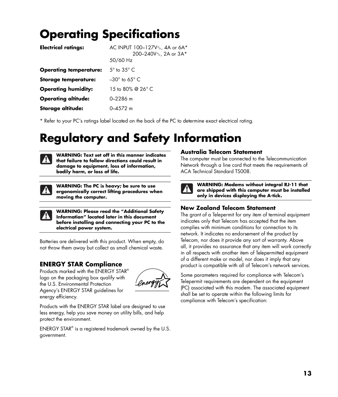 Compaq SR1677CF Electrical ratings, Operating temperature, Storage temperature, Operating humidity, Operating altitude 