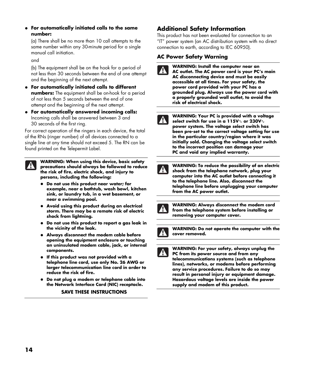 Compaq SR1677CF warranty Additional Safety Information, For automatically initiated calls to the same number 