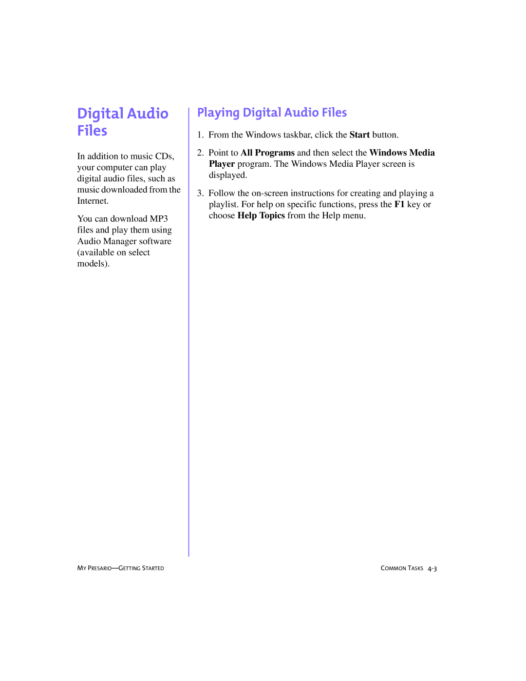 Compaq SRS4FXXXX-100 manual Playing Digital Audio Files 