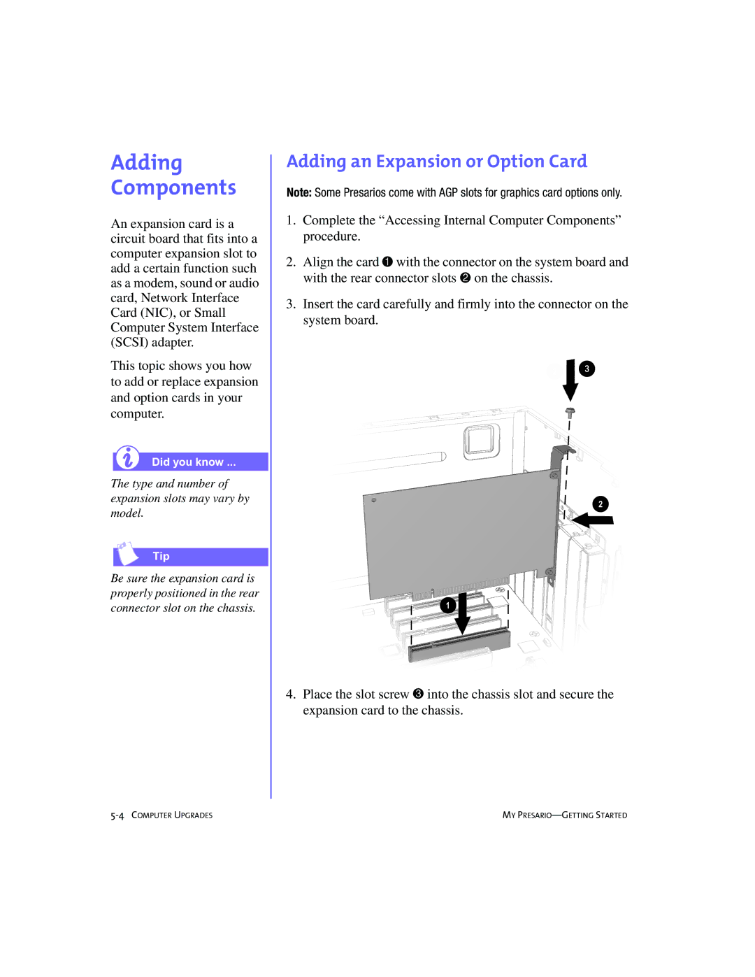 Compaq SRS4FXXXX-100 manual Adding Components, Adding an Expansion or Option Card 