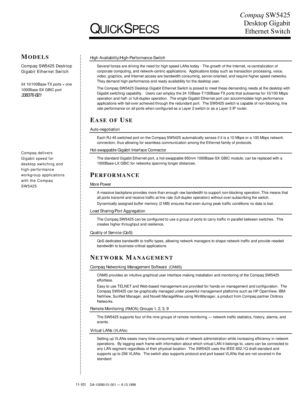 Compaq SW5425 manual Odels, Ease of USE, Erformance, Network Management 