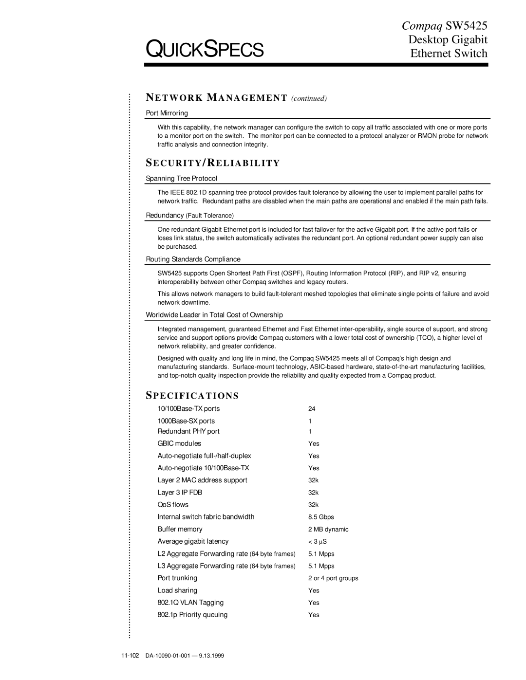 Compaq SW5425 manual Network Management, Security /RELIABILITY, Specifications 