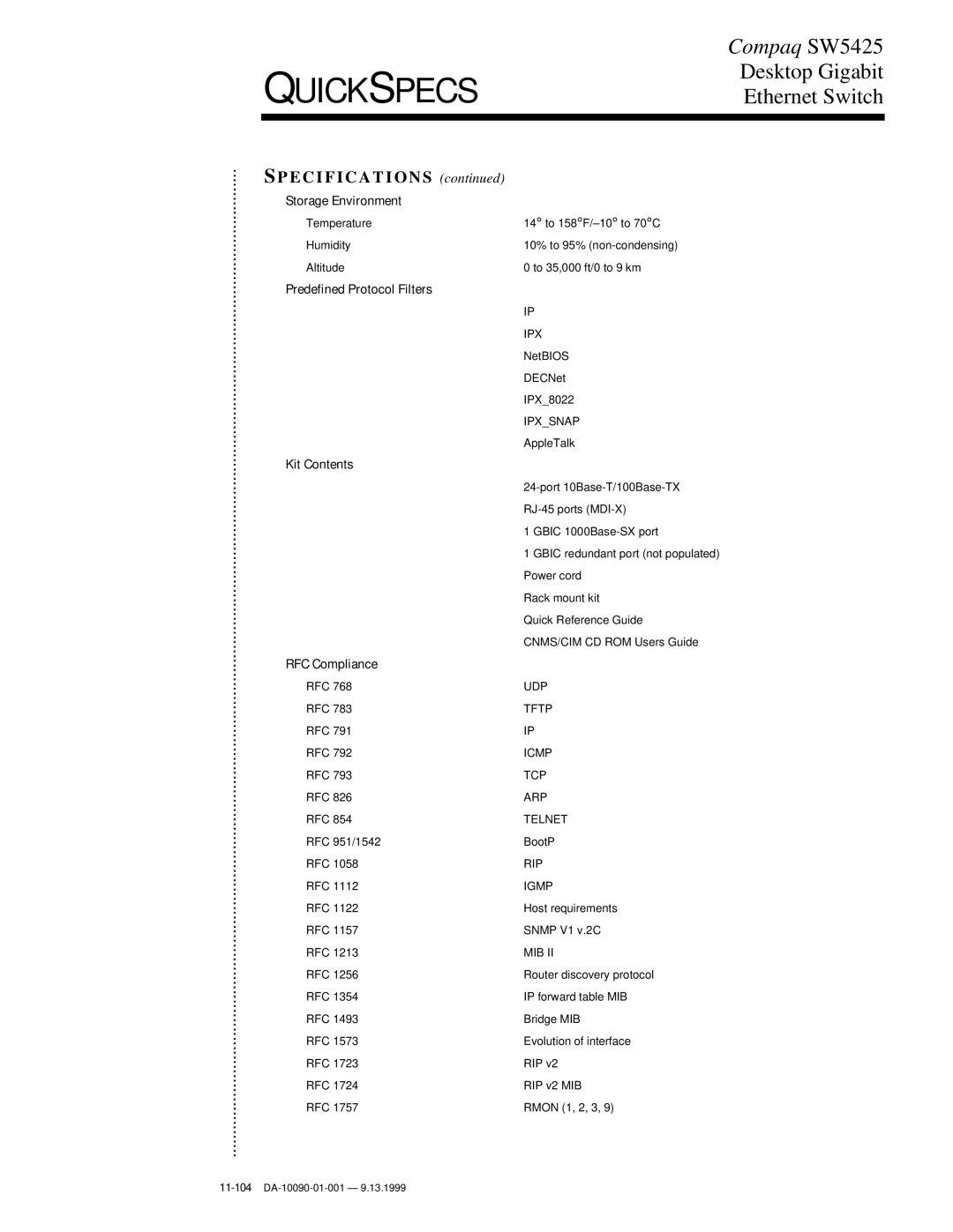 Compaq SW5425 manual Storage Environment, Predefined Protocol Filters, Kit Contents, RFC Compliance 