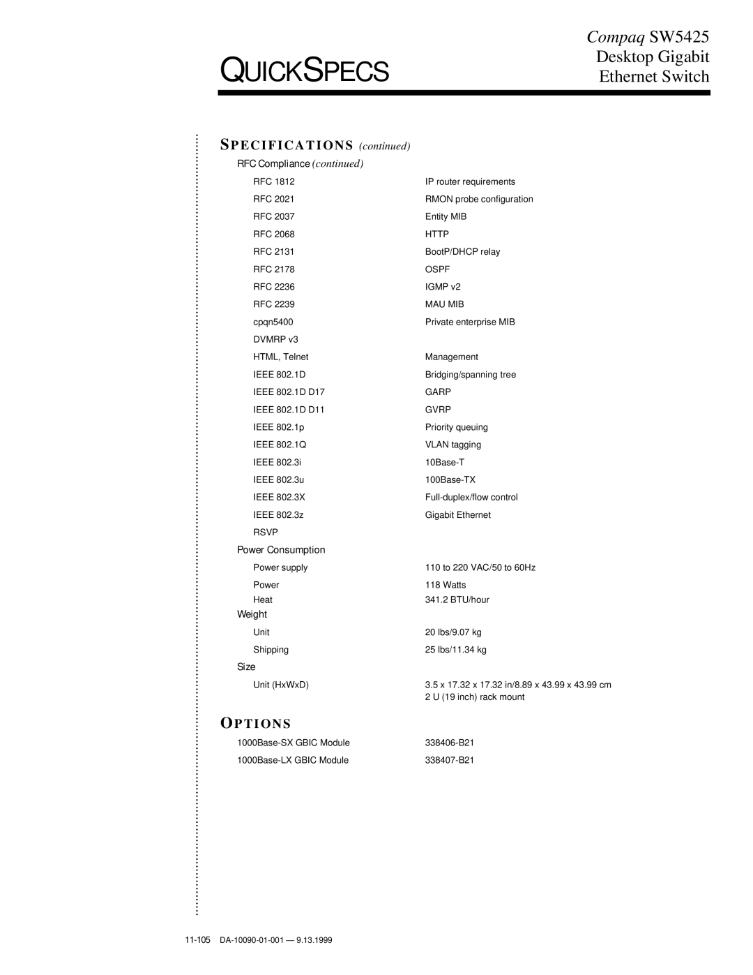 Compaq SW5425 manual Options, Power Consumption, Weight, Size 