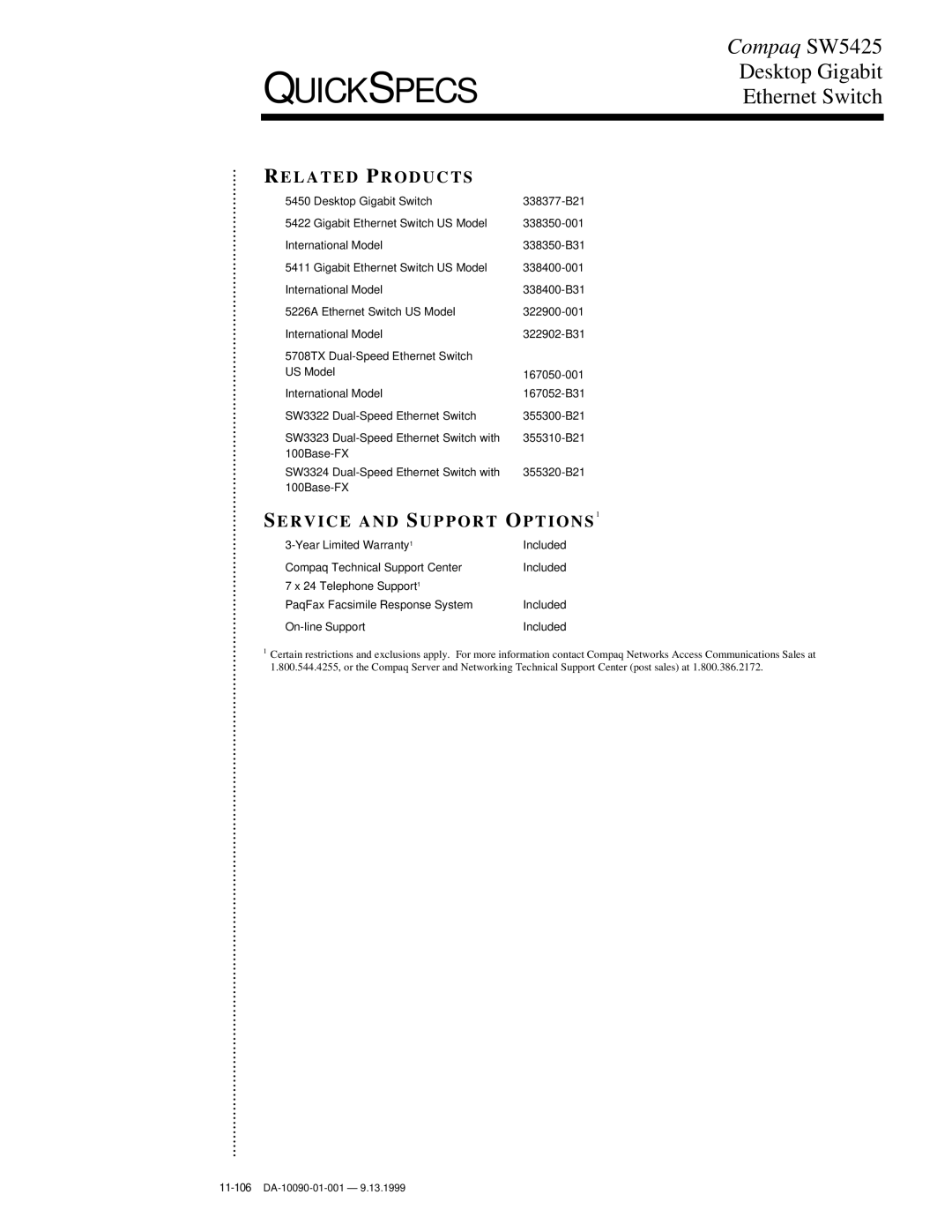 Compaq SW5425 manual Related Products, Service and Support OPTIONS1 