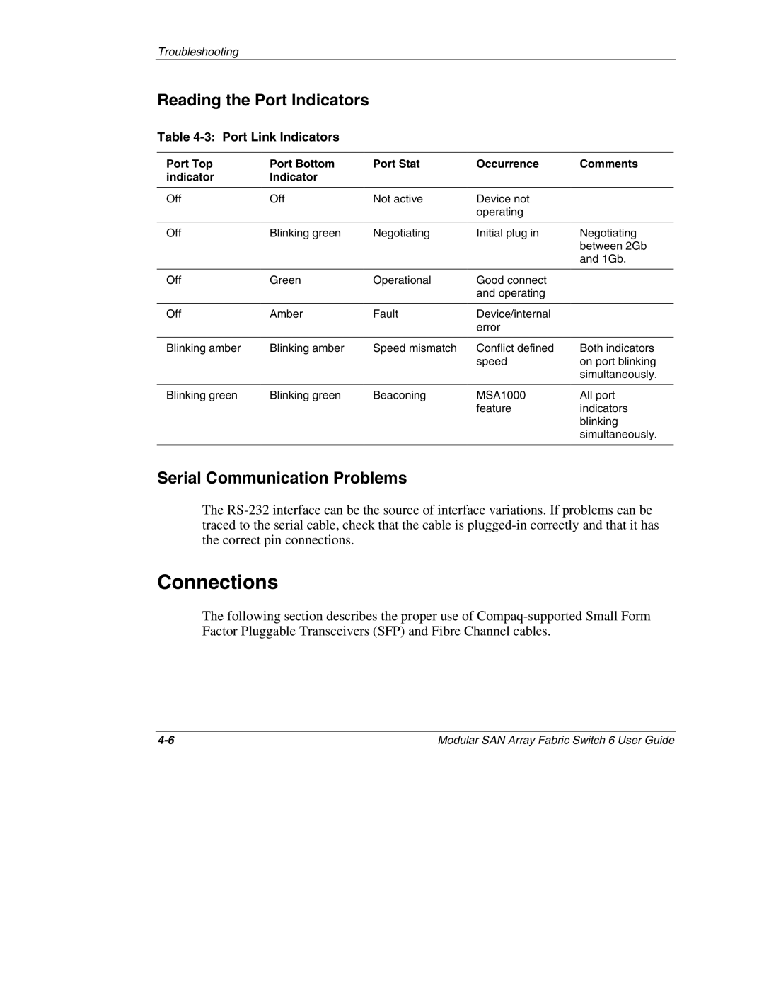 Compaq Switch 6, 230934-002 Connections, Reading the Port Indicators, Serial Communication Problems, Port Link Indicators 