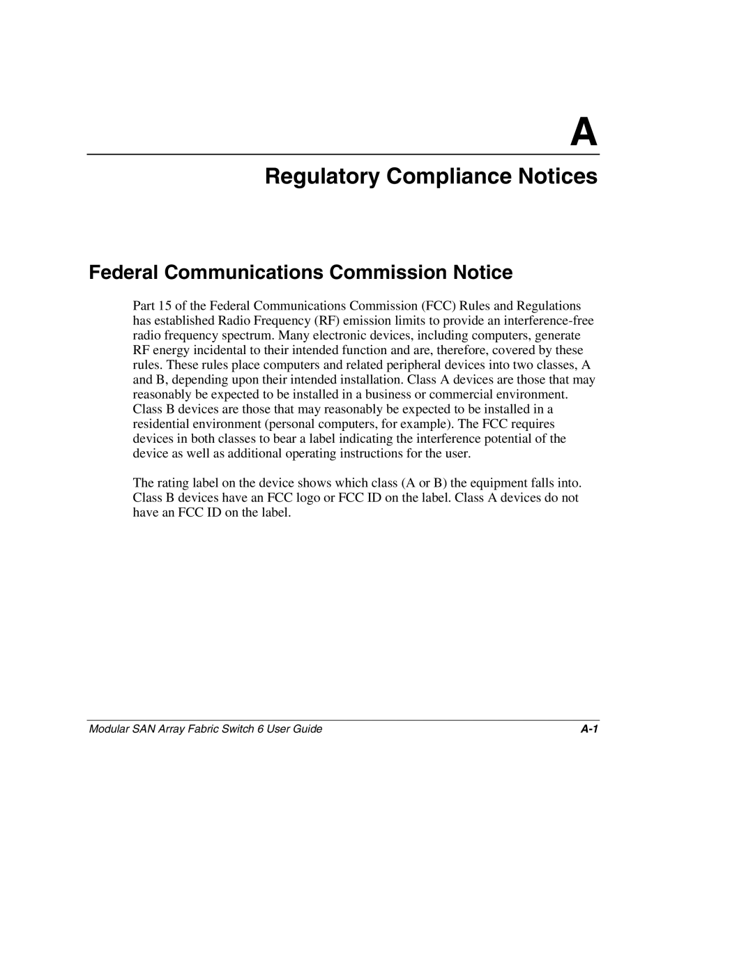 Compaq 230934-002, Switch 6 manual Regulatory Compliance Notices, Federal Communications Commission Notice 