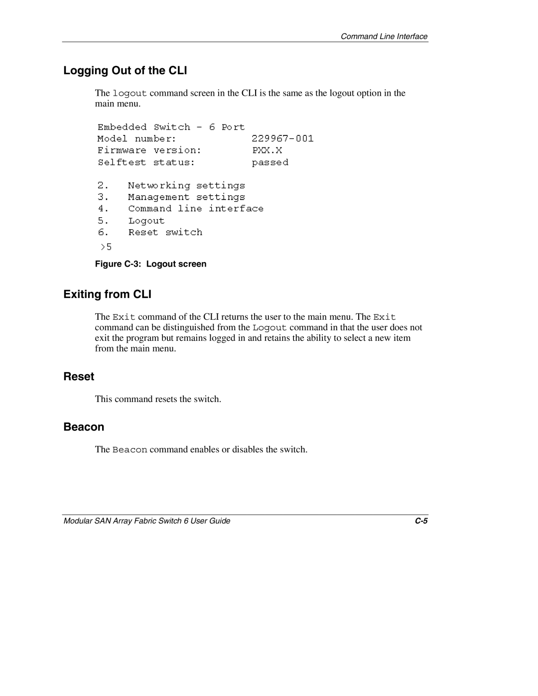 Compaq Switch 6, 230934-002 manual Logging Out of the CLI, Exiting from CLI, Reset, Beacon 