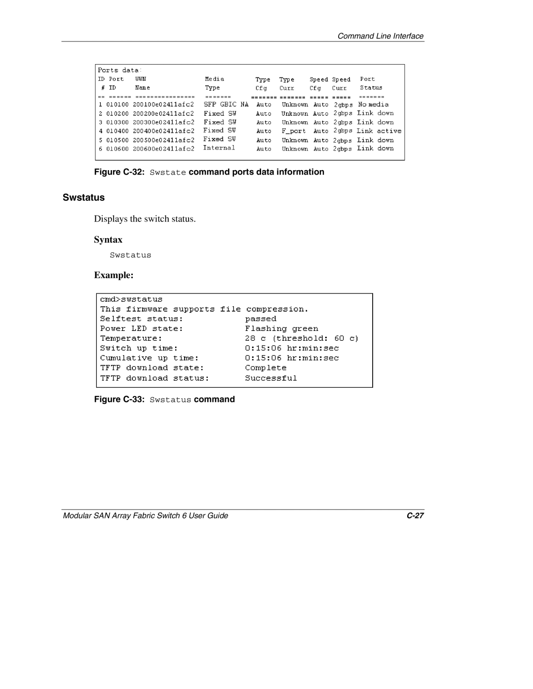 Compaq Switch 6, 230934-002 manual Swstatus, Figure C-32 Swstate command ports data information 