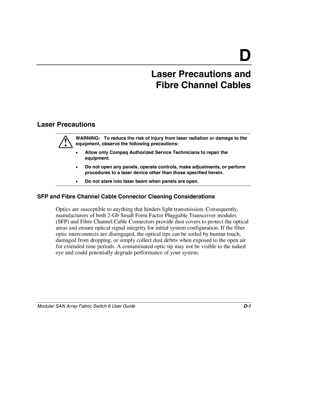 Compaq 230934-002, Switch 6 manual Laser Precautions Fibre Channel Cables 