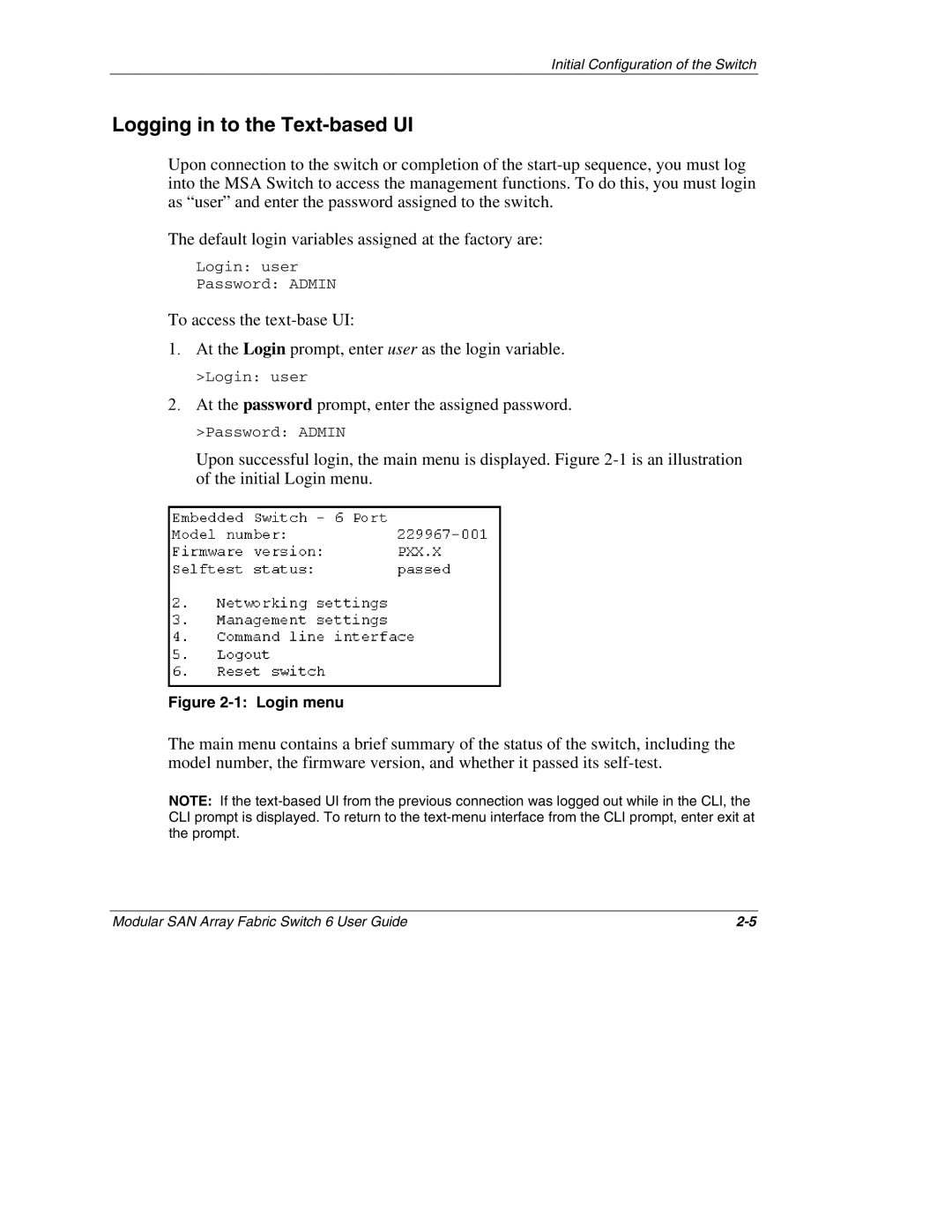 Compaq Switch 6, 230934-002 manual Logging in to the Text-based UI, Login menu 