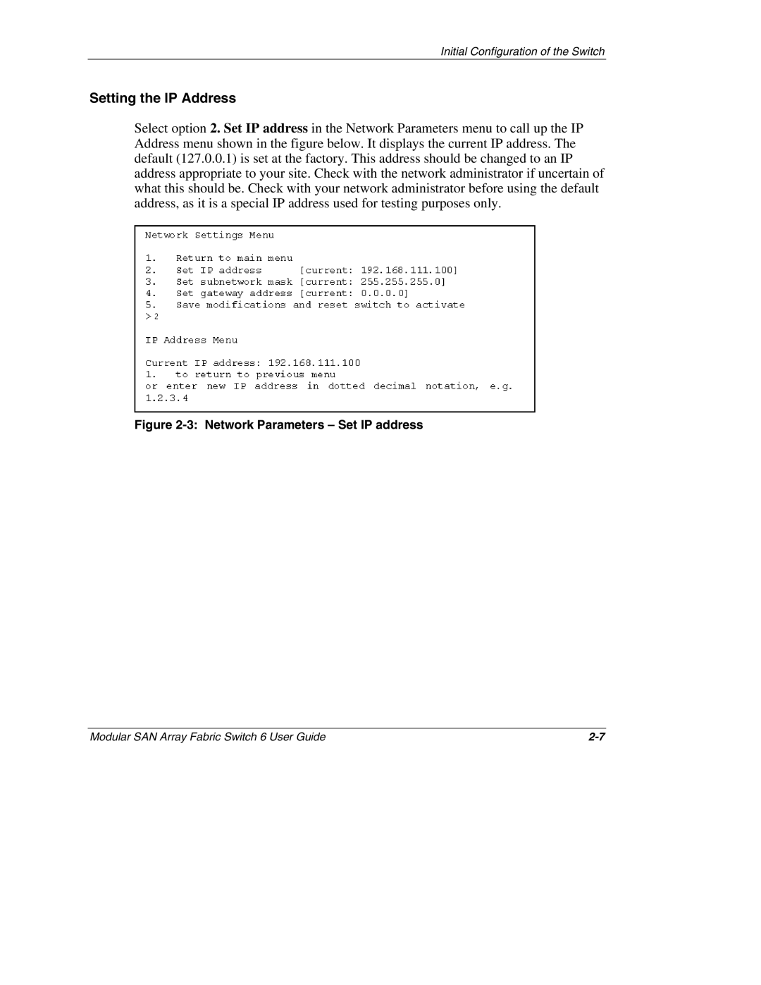 Compaq Switch 6, 230934-002 manual Setting the IP Address, Network Parameters Set IP address 