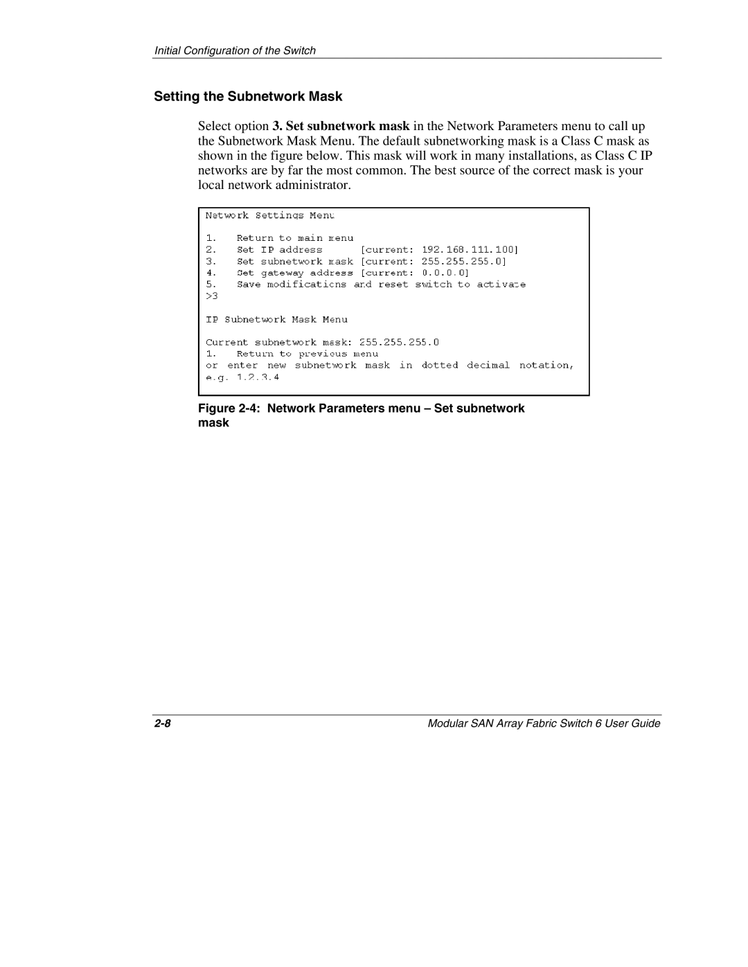 Compaq 230934-002, Switch 6 manual Setting the Subnetwork Mask, Network Parameters menu Set subnetwork mask 