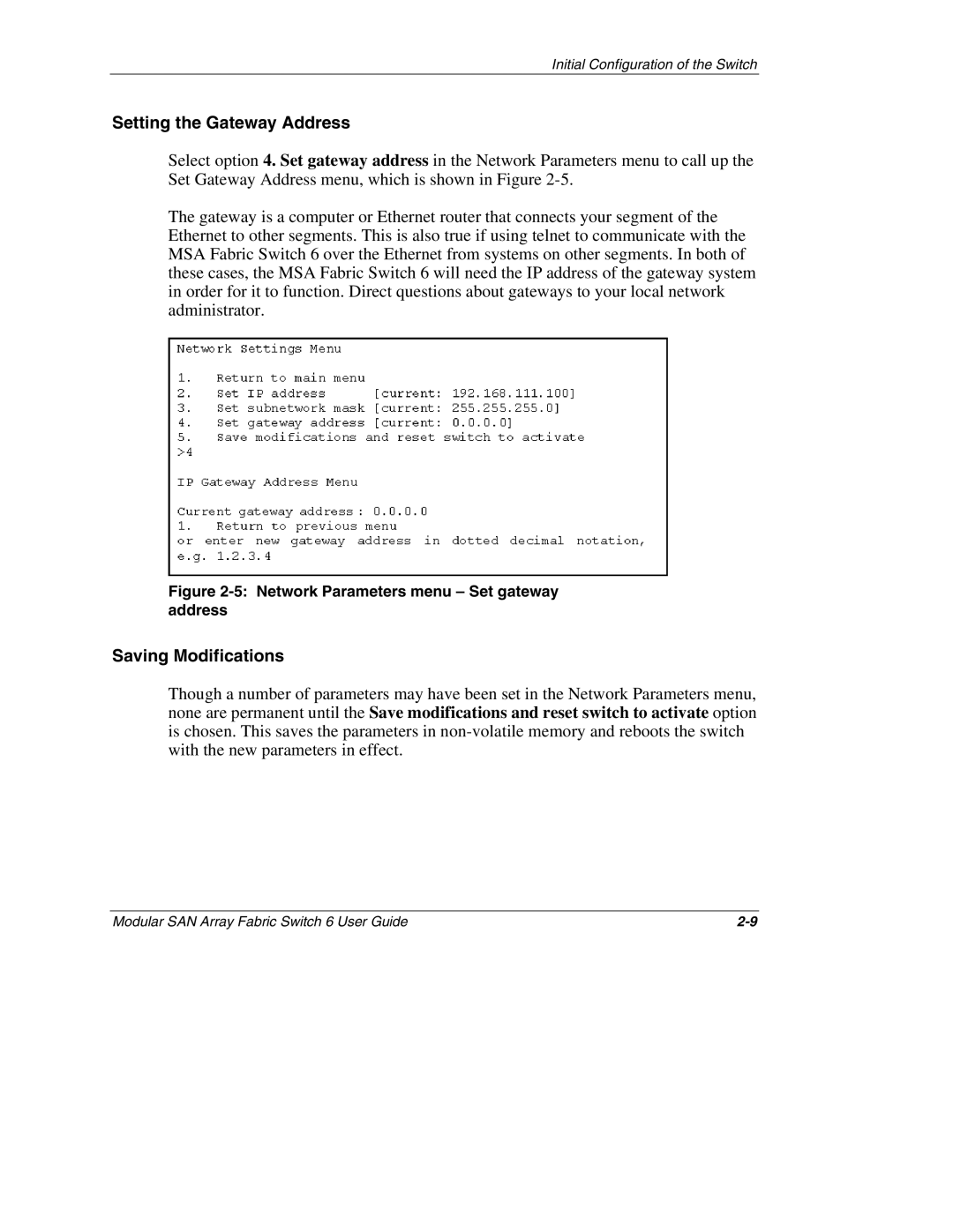 Compaq Switch 6, 230934-002 manual Setting the Gateway Address, Saving Modifications 