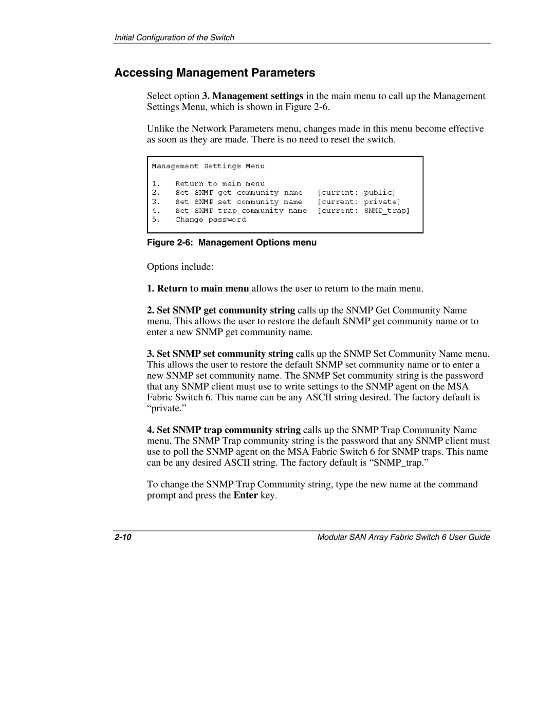 Compaq 230934-002, Switch 6 manual Accessing Management Parameters, Management Options menu 