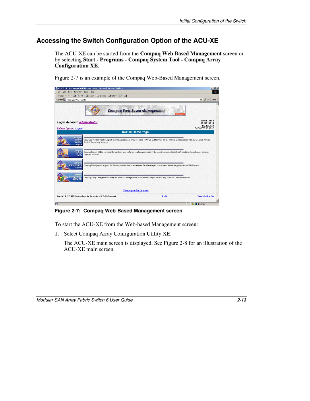 Compaq Switch 6, 230934-002 Accessing the Switch Configuration Option of the ACU-XE, Compaq Web-Based Management screen 