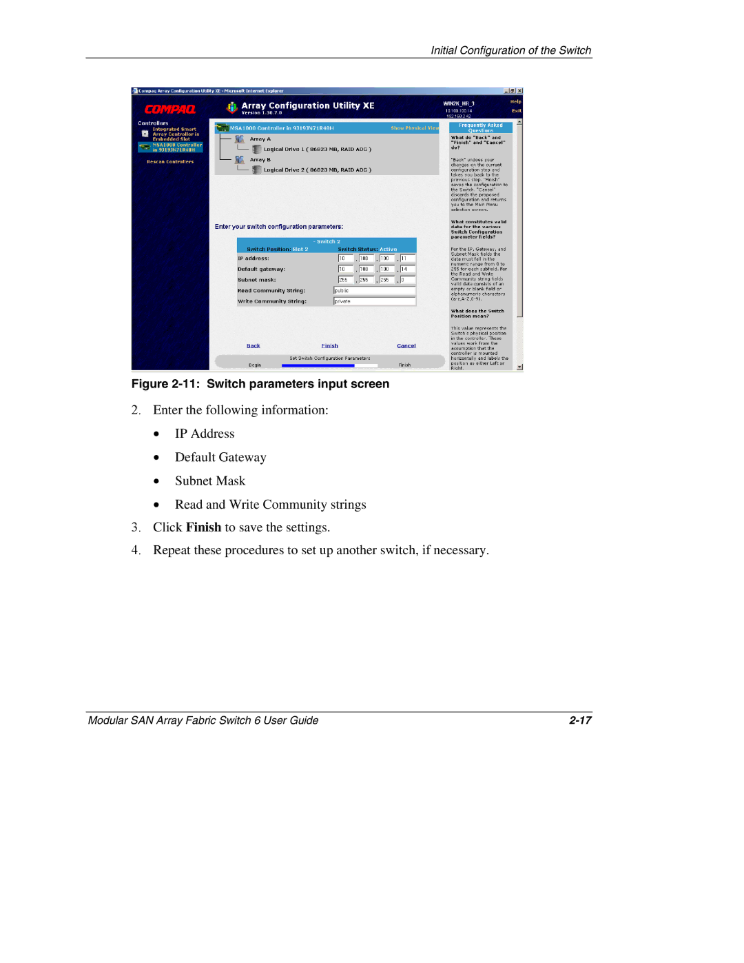 Compaq Switch 6, 230934-002 manual Switch parameters input screen 