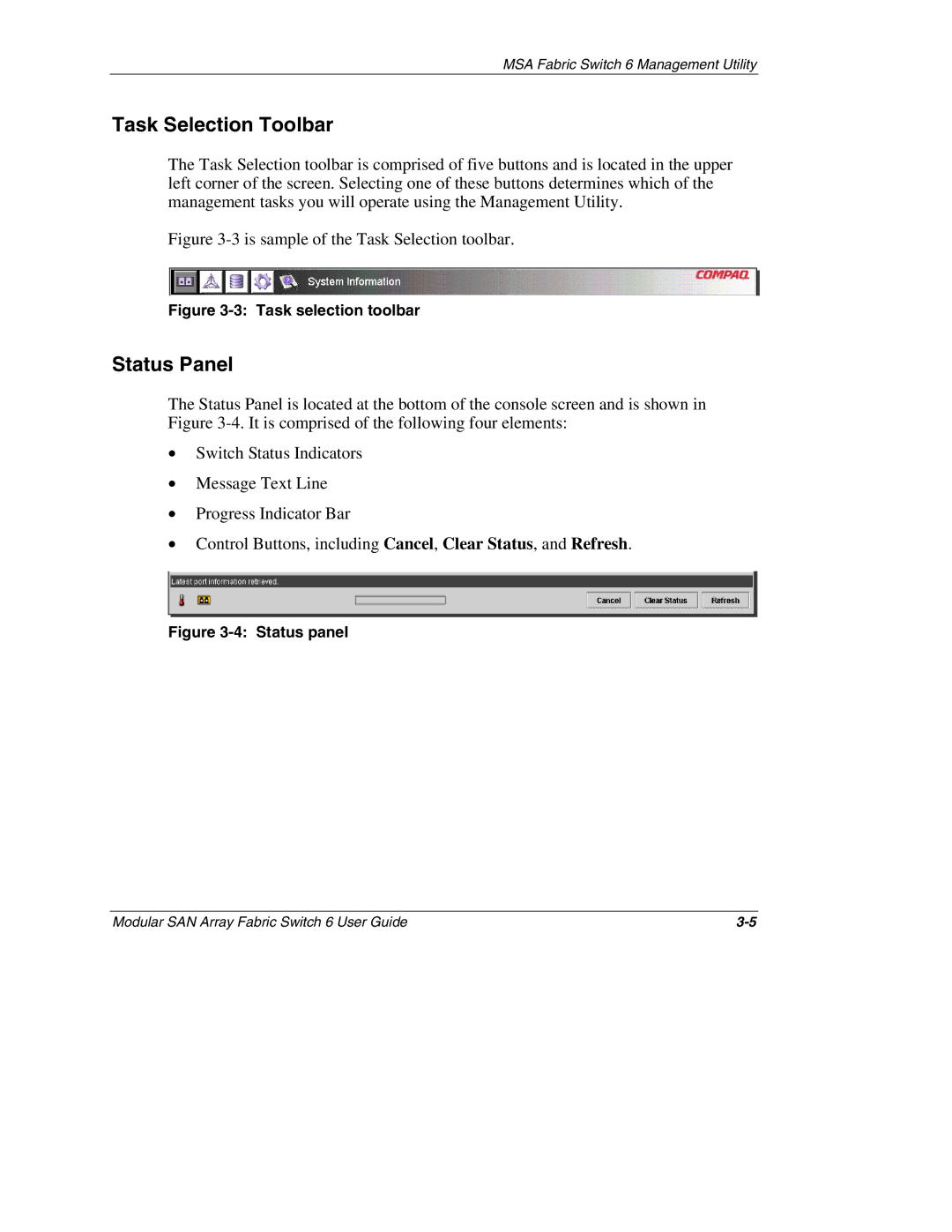 Compaq Switch 6, 230934-002 manual Task Selection Toolbar, Status Panel 