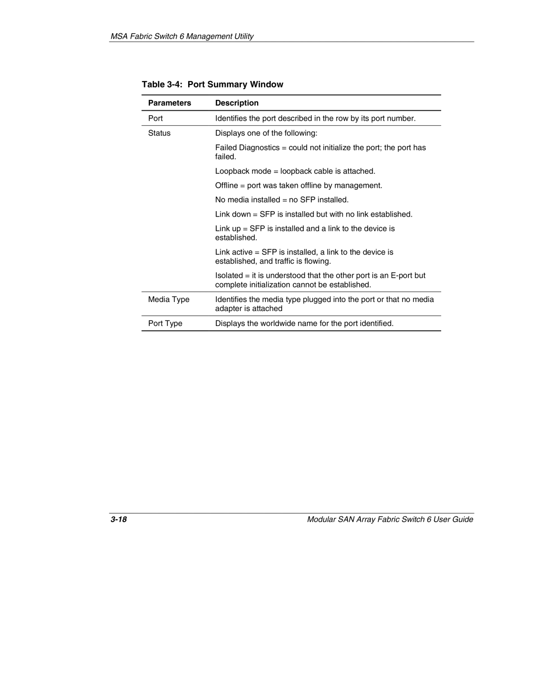 Compaq 230934-002, Switch 6 manual Port Summary Window, Parameters Description 