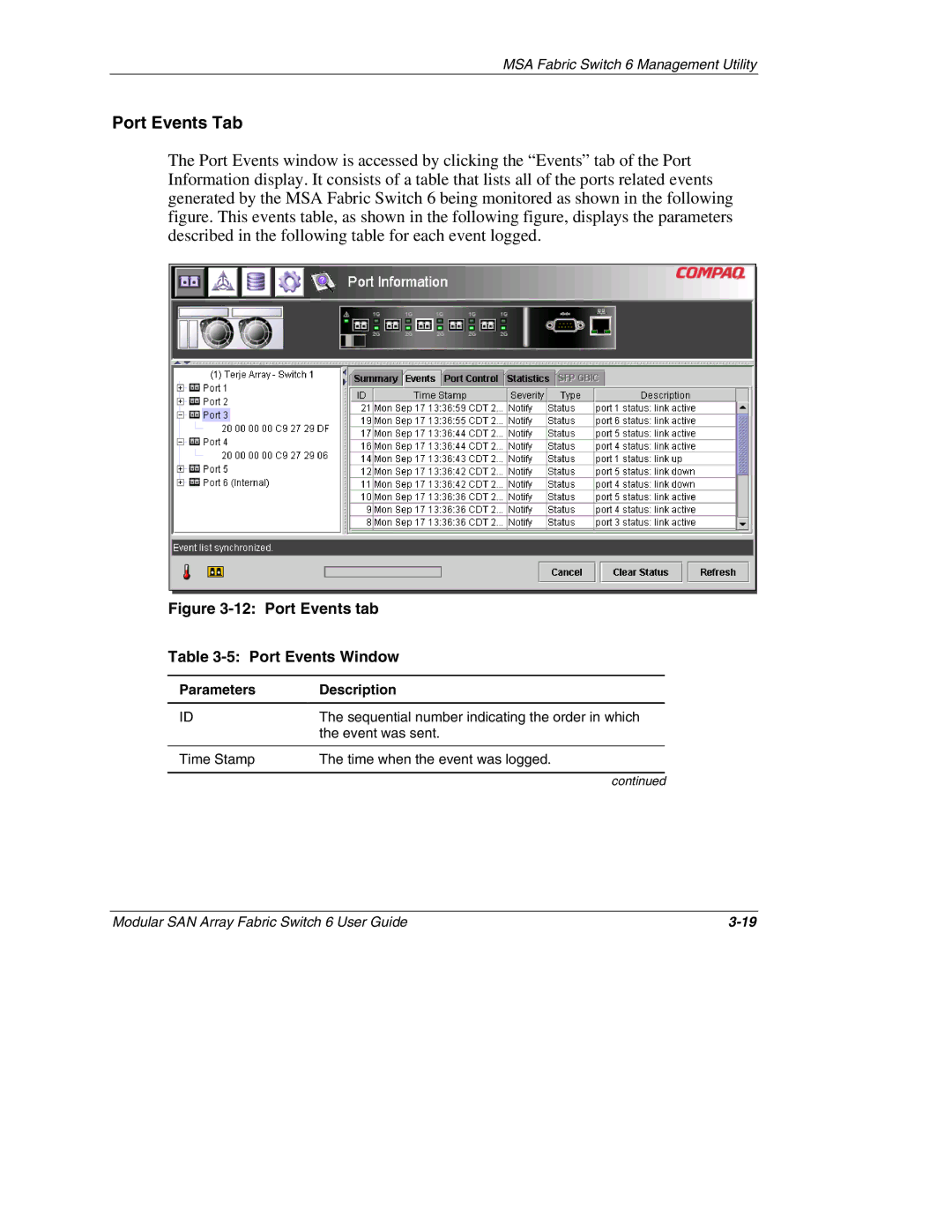 Compaq Switch 6, 230934-002 manual Port Events Tab, Port Events tab Port Events Window 