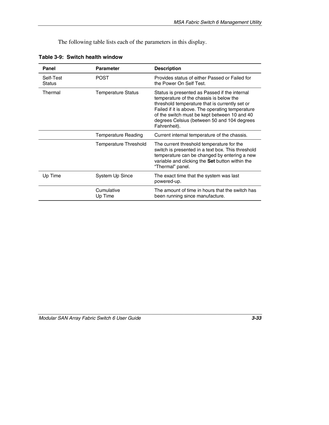 Compaq Switch 6, 230934-002 manual Switch health window, Panel Parameter Description 